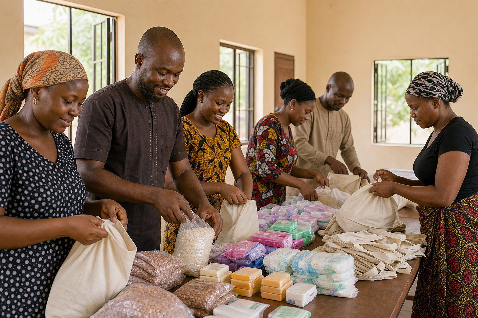 Six Nigerian neighbours packing rice, beans, soap, sanitary products, and baby supplies into plain care bags at a shared table.
