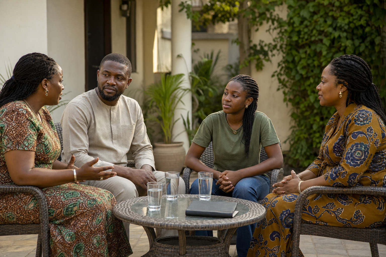 Four Nigerian family members and neighbours listening to one another around a small table in a shaded courtyard.