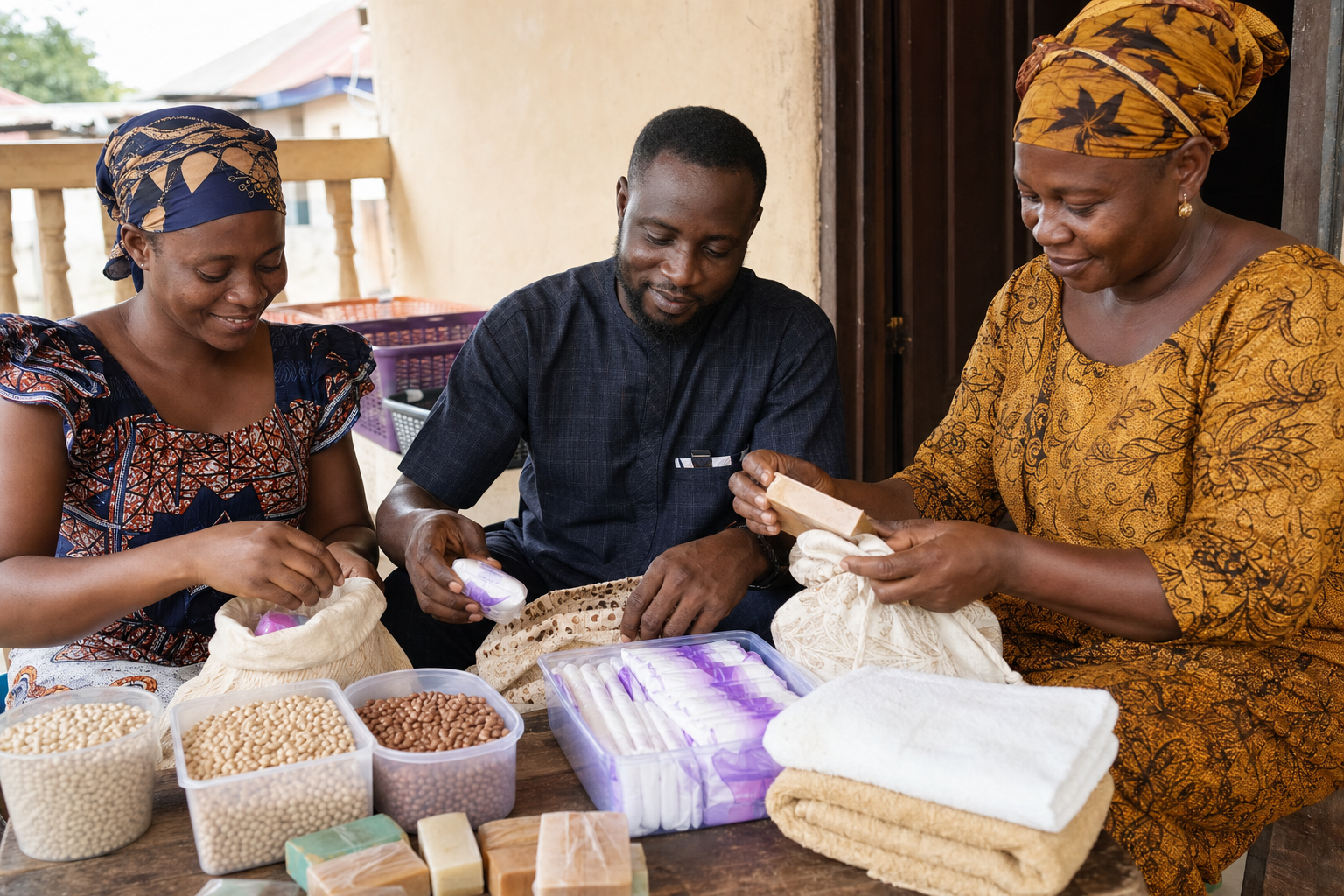 Three Nigerian neighbours sorting beans, soap, towels, and sanitary products into reusable household care bags on a veranda.