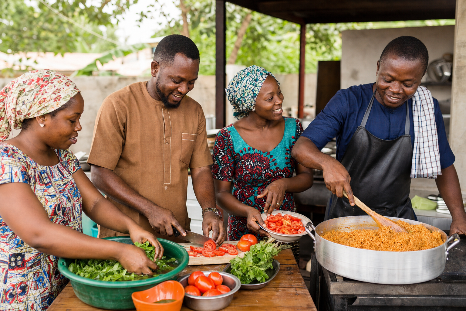 Four Nigerian neighbours washing vegetables, slicing tomatoes, and preparing a shared pot of jollof rice in an open-air kitchen.