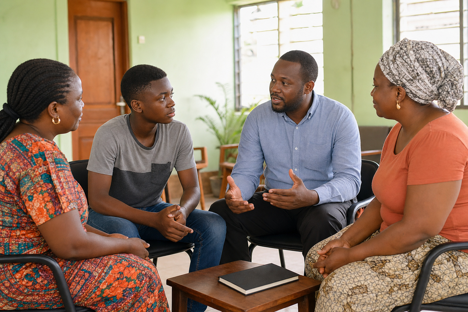 Two Nigerian caregivers, an older teenager, and an adult facilitator in a respectful seated family support conversation.