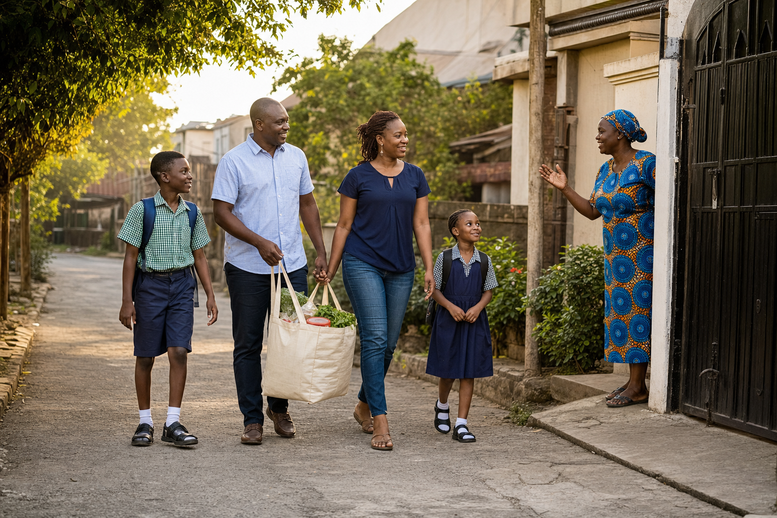 A Nigerian family walking home with a reusable grocery bag while a neighbour greets them from a doorway on a leafy residential lane.